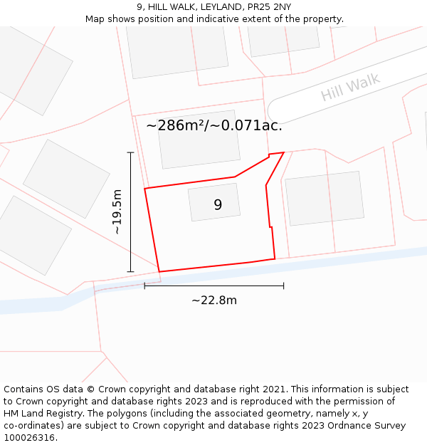 9, HILL WALK, LEYLAND, PR25 2NY: Plot and title map