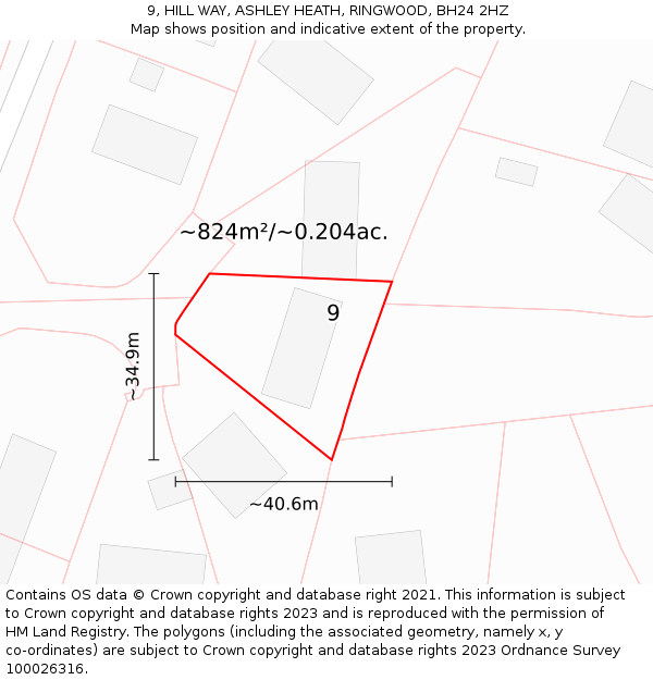 9, HILL WAY, ASHLEY HEATH, RINGWOOD, BH24 2HZ: Plot and title map