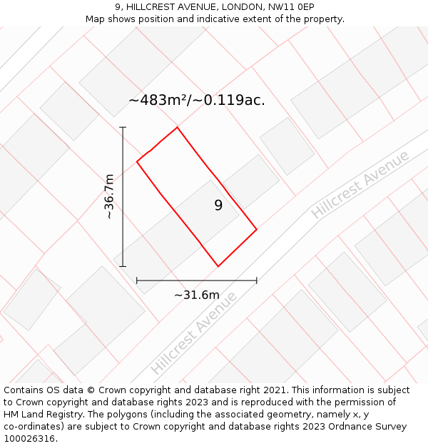 9, HILLCREST AVENUE, LONDON, NW11 0EP: Plot and title map
