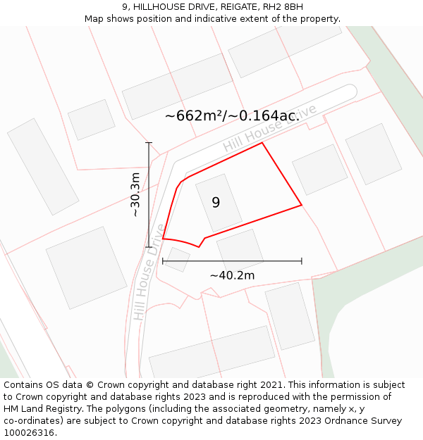 9, HILLHOUSE DRIVE, REIGATE, RH2 8BH: Plot and title map