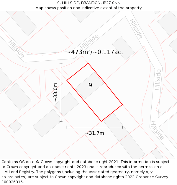 9, HILLSIDE, BRANDON, IP27 0NN: Plot and title map