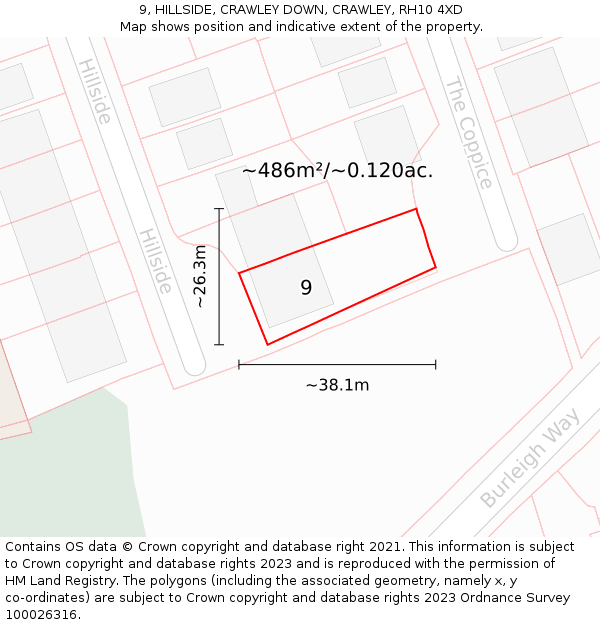 9, HILLSIDE, CRAWLEY DOWN, CRAWLEY, RH10 4XD: Plot and title map