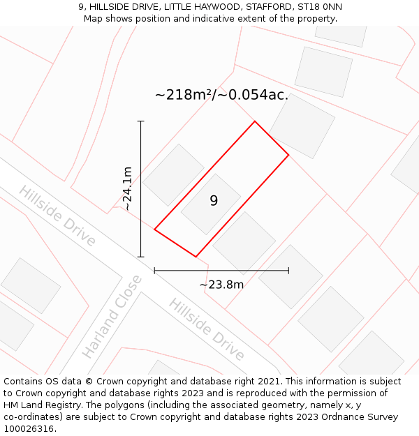 9, HILLSIDE DRIVE, LITTLE HAYWOOD, STAFFORD, ST18 0NN: Plot and title map