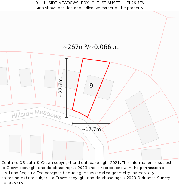 9, HILLSIDE MEADOWS, FOXHOLE, ST AUSTELL, PL26 7TA: Plot and title map
