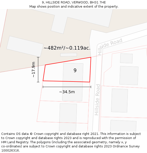 9, HILLSIDE ROAD, VERWOOD, BH31 7HE: Plot and title map