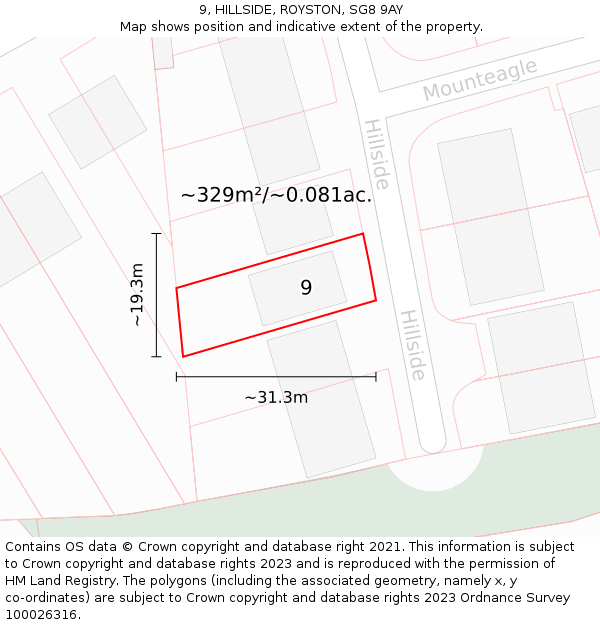 9, HILLSIDE, ROYSTON, SG8 9AY: Plot and title map