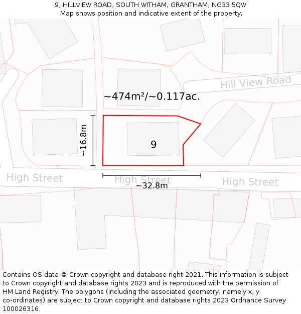 9, HILLVIEW ROAD, SOUTH WITHAM, GRANTHAM, NG33 5QW: Plot and title map