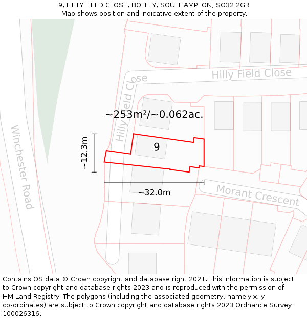 9, HILLY FIELD CLOSE, BOTLEY, SOUTHAMPTON, SO32 2GR: Plot and title map