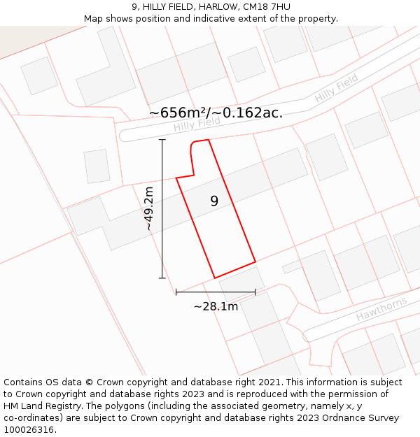 9, HILLY FIELD, HARLOW, CM18 7HU: Plot and title map