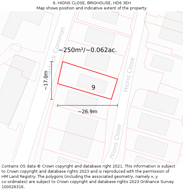 9, HIONS CLOSE, BRIGHOUSE, HD6 3EH: Plot and title map