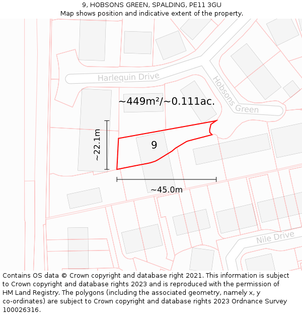 9, HOBSONS GREEN, SPALDING, PE11 3GU: Plot and title map