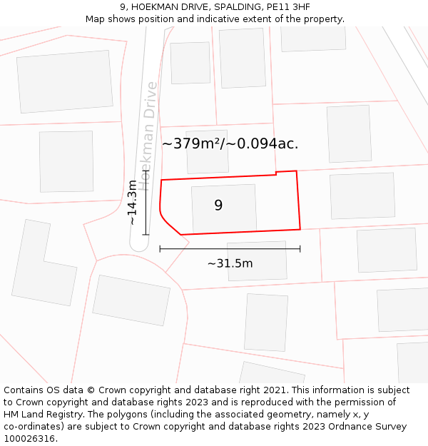 9, HOEKMAN DRIVE, SPALDING, PE11 3HF: Plot and title map