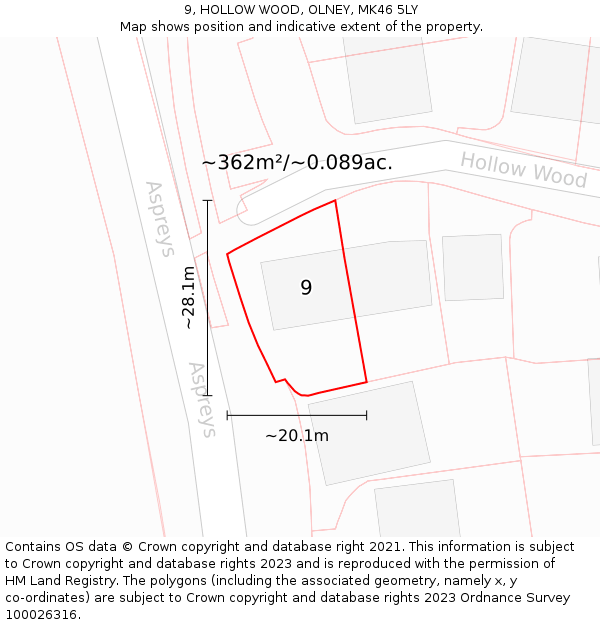 9, HOLLOW WOOD, OLNEY, MK46 5LY: Plot and title map