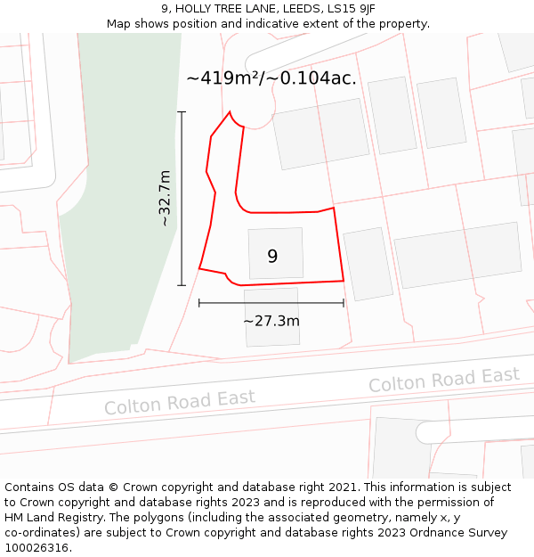 9, HOLLY TREE LANE, LEEDS, LS15 9JF: Plot and title map