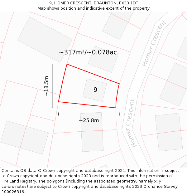 9, HOMER CRESCENT, BRAUNTON, EX33 1DT: Plot and title map