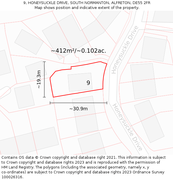 9, HONEYSUCKLE DRIVE, SOUTH NORMANTON, ALFRETON, DE55 2FR: Plot and title map