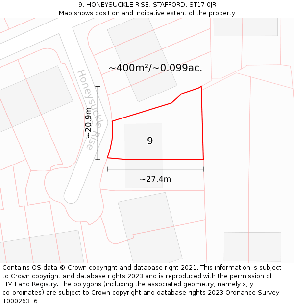 9, HONEYSUCKLE RISE, STAFFORD, ST17 0JR: Plot and title map