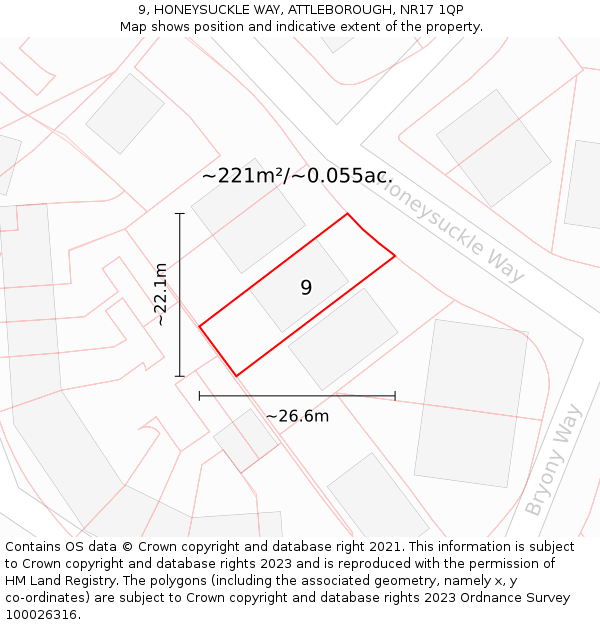 9, HONEYSUCKLE WAY, ATTLEBOROUGH, NR17 1QP: Plot and title map