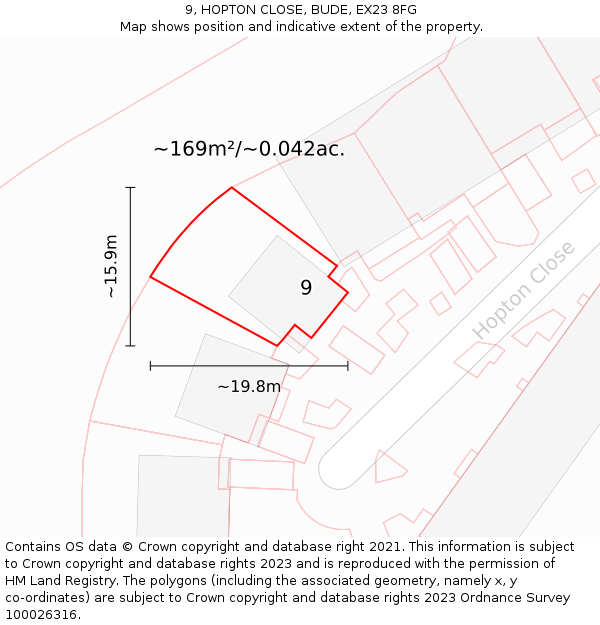 9, HOPTON CLOSE, BUDE, EX23 8FG: Plot and title map