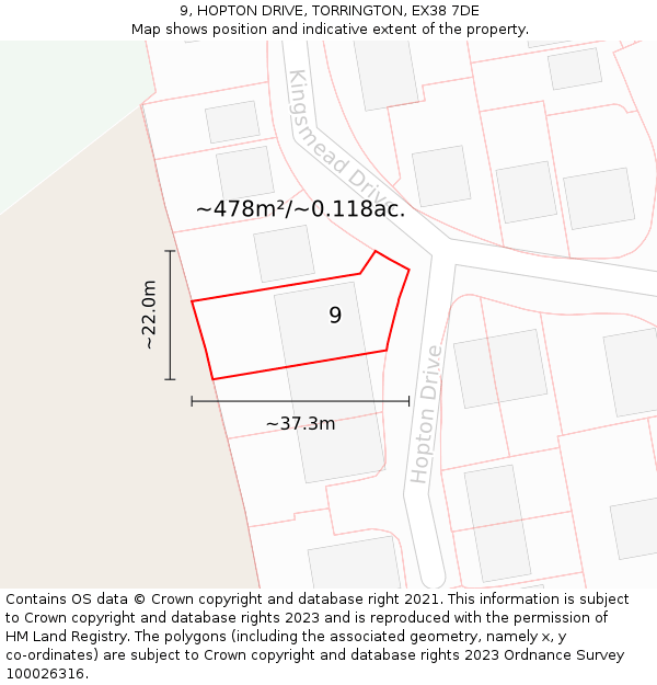 9, HOPTON DRIVE, TORRINGTON, EX38 7DE: Plot and title map