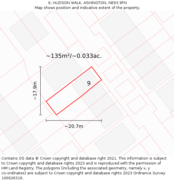 9, HUDSON WALK, ASHINGTON, NE63 9FN: Plot and title map