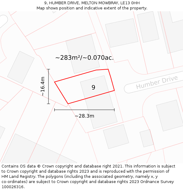 9, HUMBER DRIVE, MELTON MOWBRAY, LE13 0HH: Plot and title map