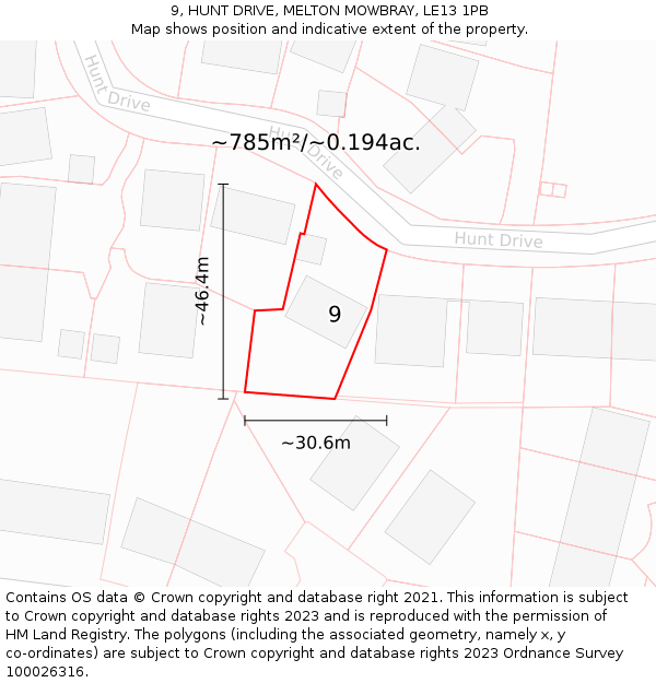 9, HUNT DRIVE, MELTON MOWBRAY, LE13 1PB: Plot and title map