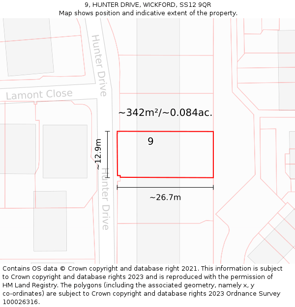 9, HUNTER DRIVE, WICKFORD, SS12 9QR: Plot and title map