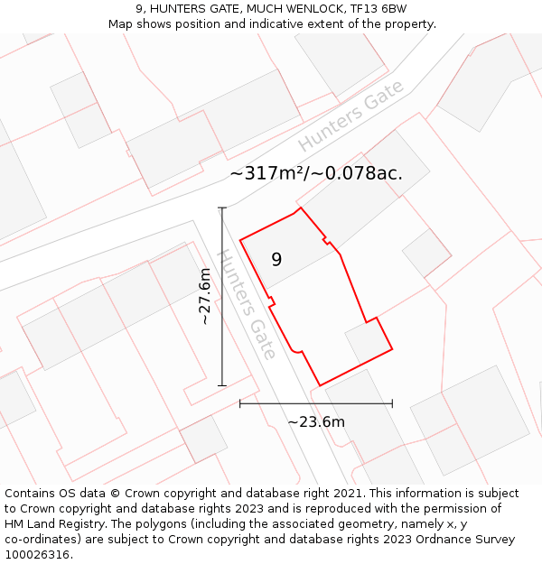 9, HUNTERS GATE, MUCH WENLOCK, TF13 6BW: Plot and title map