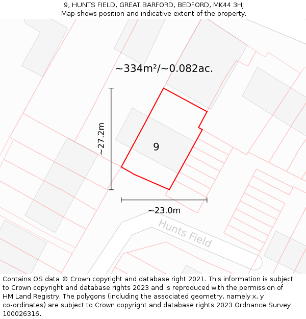 9, HUNTS FIELD, GREAT BARFORD, BEDFORD, MK44 3HJ: Plot and title map