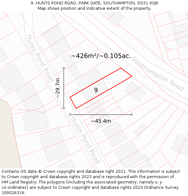 9, HUNTS POND ROAD, PARK GATE, SOUTHAMPTON, SO31 6QB: Plot and title map