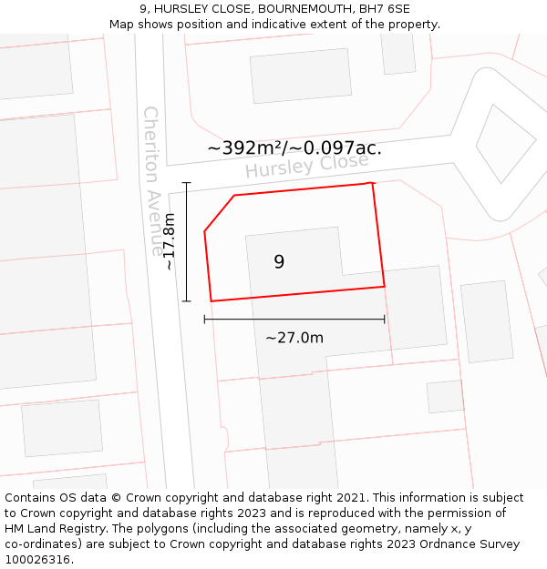 9, HURSLEY CLOSE, BOURNEMOUTH, BH7 6SE: Plot and title map