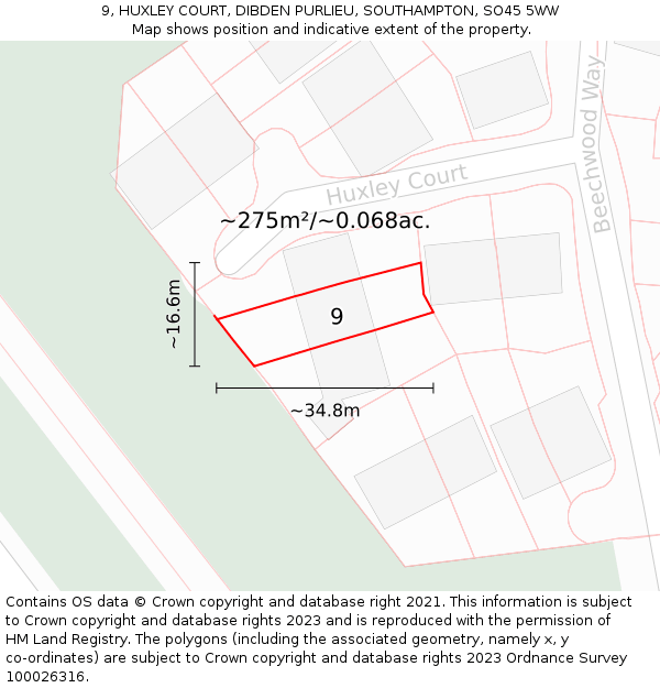 9, HUXLEY COURT, DIBDEN PURLIEU, SOUTHAMPTON, SO45 5WW: Plot and title map