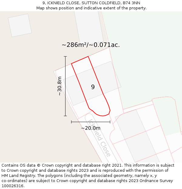 9, ICKNIELD CLOSE, SUTTON COLDFIELD, B74 3NN: Plot and title map