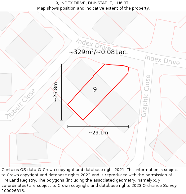 9, INDEX DRIVE, DUNSTABLE, LU6 3TU: Plot and title map