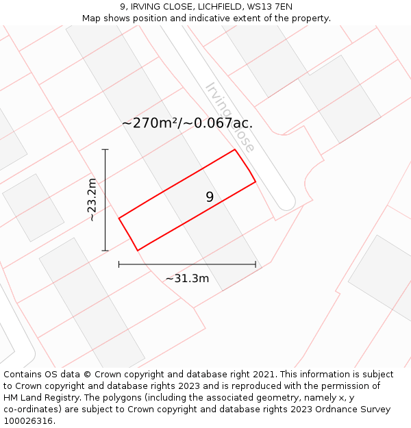 9, IRVING CLOSE, LICHFIELD, WS13 7EN: Plot and title map