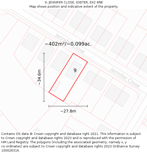 9, JENNIFER CLOSE, EXETER, EX2 4RB: Plot and title map