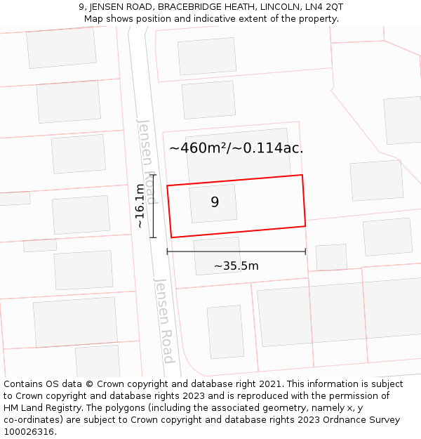 9, JENSEN ROAD, BRACEBRIDGE HEATH, LINCOLN, LN4 2QT: Plot and title map