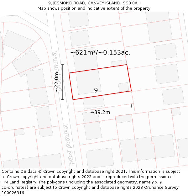 9, JESMOND ROAD, CANVEY ISLAND, SS8 0AH: Plot and title map