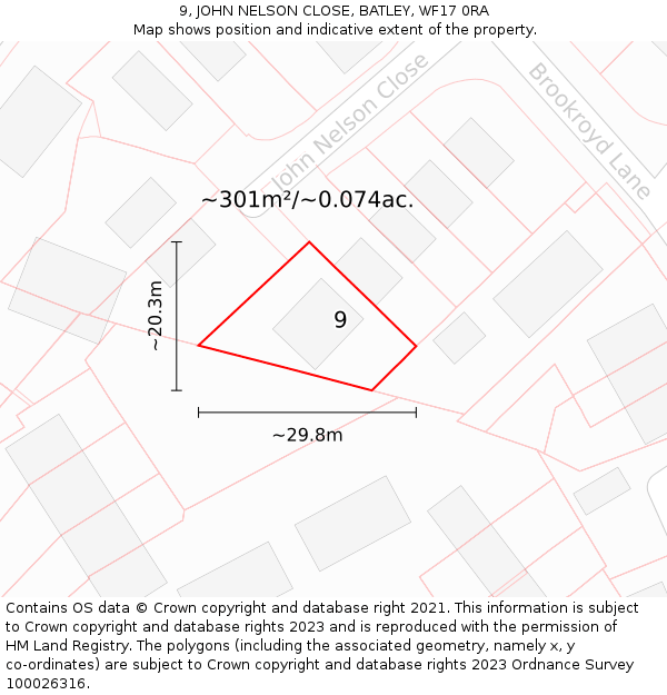 9, JOHN NELSON CLOSE, BATLEY, WF17 0RA: Plot and title map