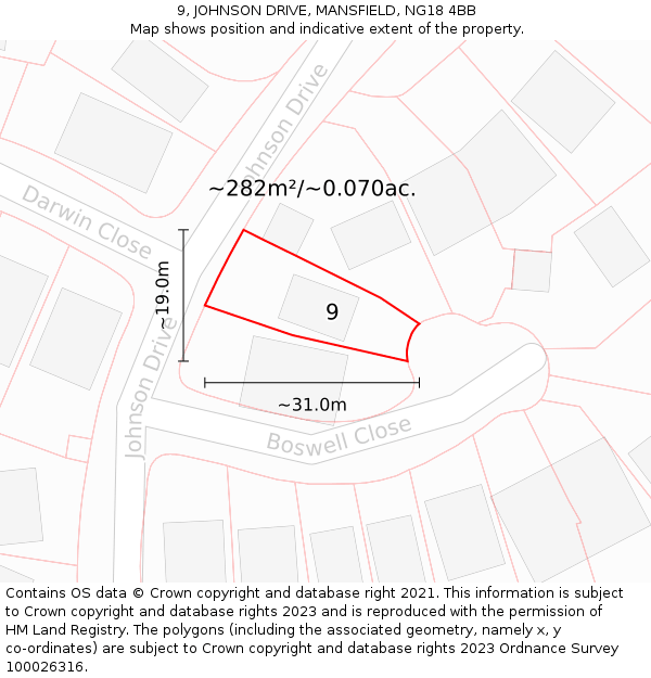9, JOHNSON DRIVE, MANSFIELD, NG18 4BB: Plot and title map