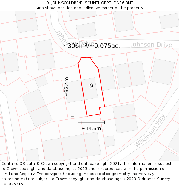 9, JOHNSON DRIVE, SCUNTHORPE, DN16 3NT: Plot and title map