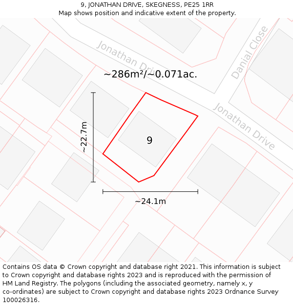 9, JONATHAN DRIVE, SKEGNESS, PE25 1RR: Plot and title map