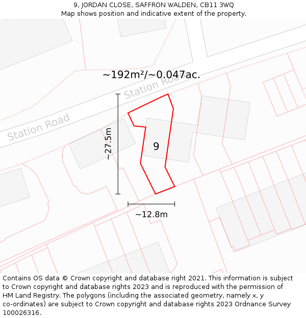 9, JORDAN CLOSE, SAFFRON WALDEN, CB11 3WQ: Plot and title map