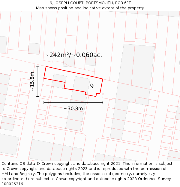 9, JOSEPH COURT, PORTSMOUTH, PO3 6FT: Plot and title map