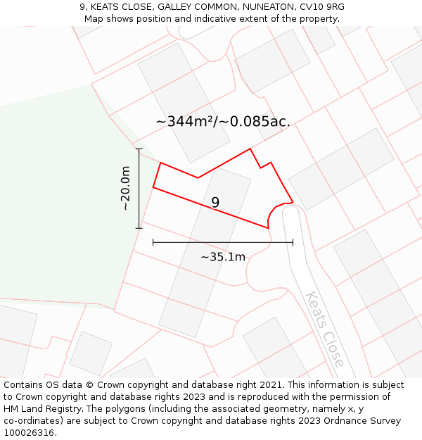 9, KEATS CLOSE, GALLEY COMMON, NUNEATON, CV10 9RG: Plot and title map