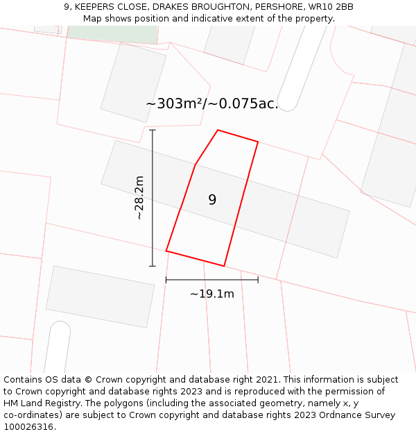 9, KEEPERS CLOSE, DRAKES BROUGHTON, PERSHORE, WR10 2BB: Plot and title map