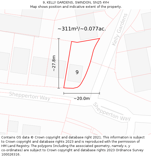 9, KELLY GARDENS, SWINDON, SN25 4YH: Plot and title map