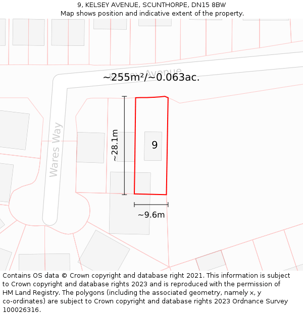 9, KELSEY AVENUE, SCUNTHORPE, DN15 8BW: Plot and title map