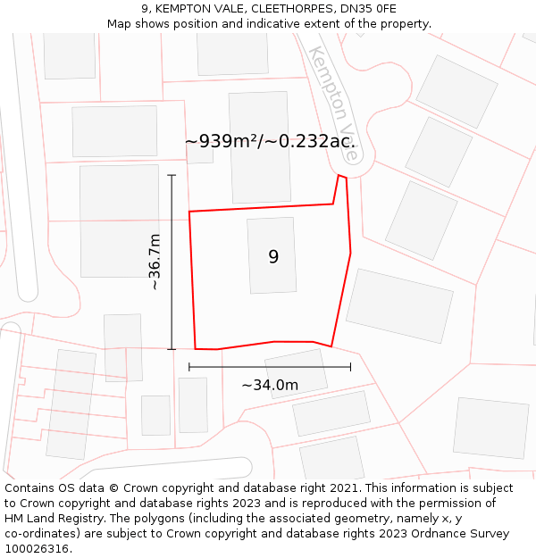 9, KEMPTON VALE, CLEETHORPES, DN35 0FE: Plot and title map